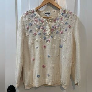 Exclusive Imports Vintage Cream Floral Embroidered Women's Sweater Size Large